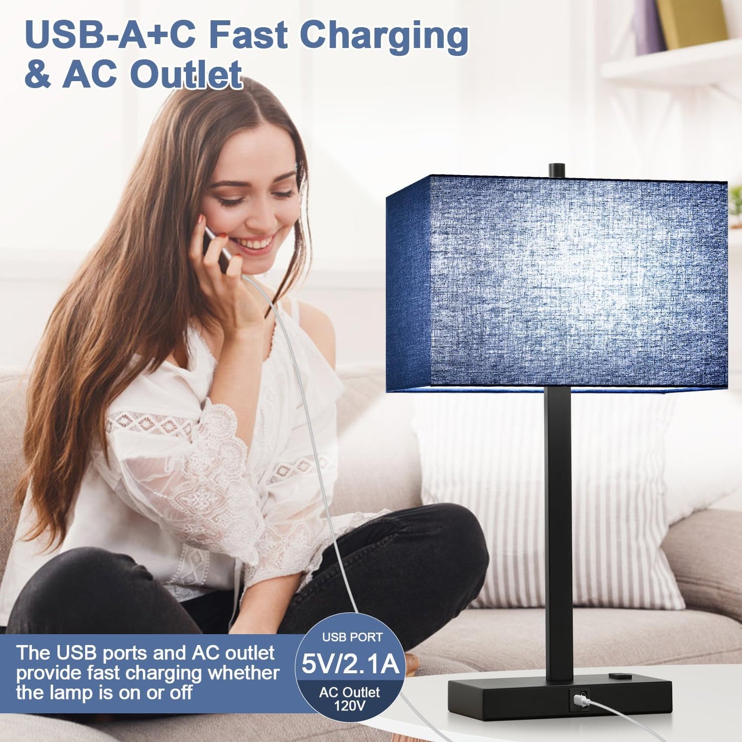 21" Touch Bedside lamps with 2 USB & AC Outlets, 3-Way Dimmable Bedside Table Lamps Set of 2 for Bedroom Living Room Office Reading, Gray Shade Lamps for Night Stands, 5000K LED Bulbs Included