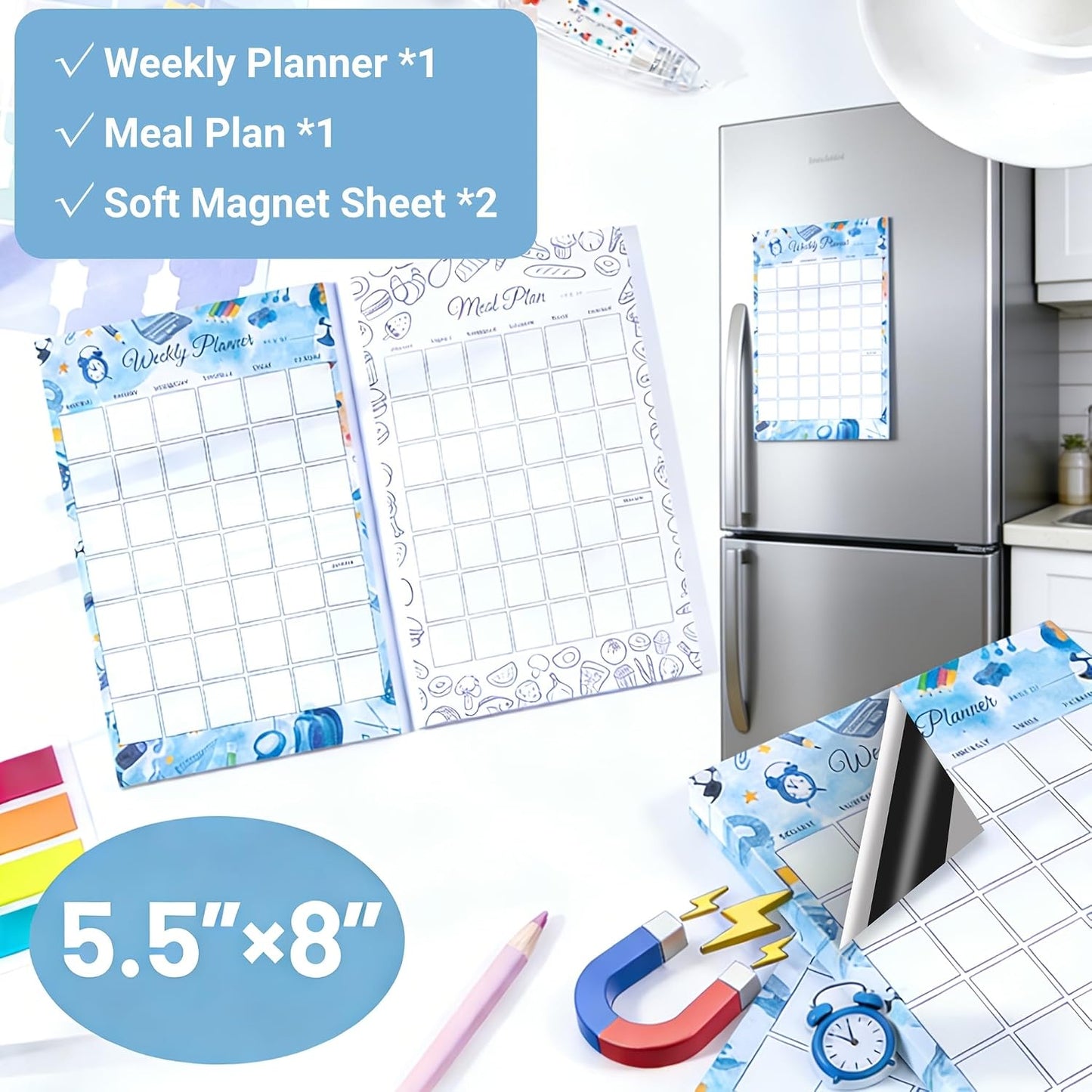 Weekly Planner Notepad Tear Off Set of 2 Weekly Calendar Pad 52 Undated To Do List Notepad Sheets Desk Planner Planning Pads Productivity Tracker for Work Goals Notes Schedule Ideas, Floral Blue