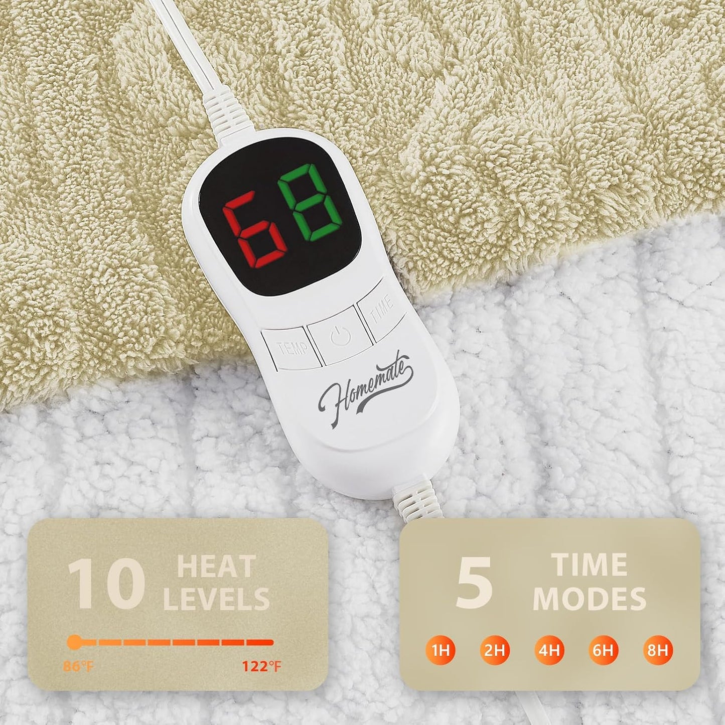 Homemate Electric Heated Blanket Twin - 62"x84" Heating Bed Blankets Throw with 10 Heating Levels 8 Hours Auto Off Fast Heating Over-Heated Protection Ultra Soft Warm Flannel ETL Certified Grey - Colors A