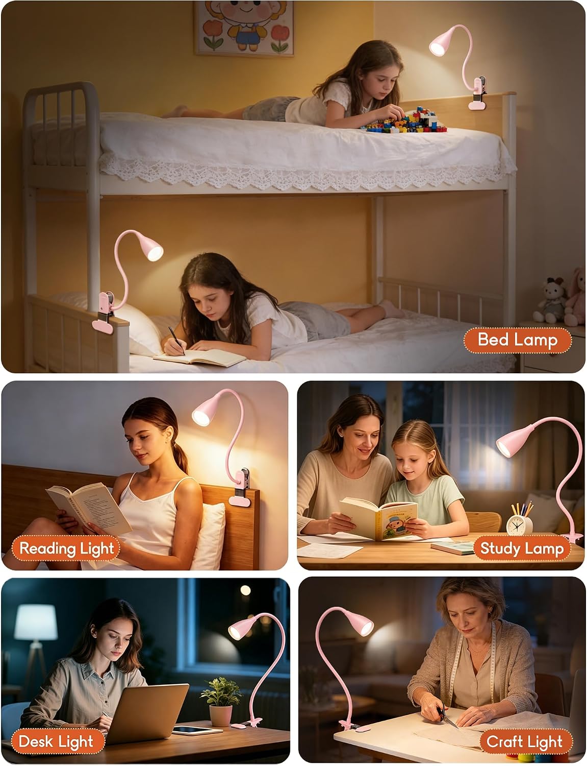 Reading Light for Book in Bed, Clip on Light Reading Lamp with Adapter, 5 Color Modes 10 Brightness, 360° Flexible Eye-Caring Clip on Desk Lamp Book Light for Reading in Bed Headboard Bedside Bedroom