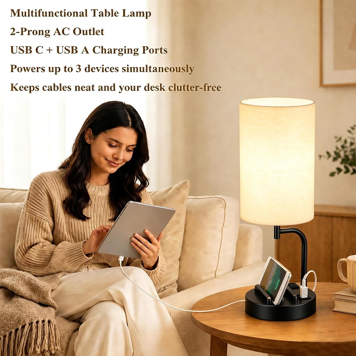Dreamholder Touch Control USB Table Lamp with USB C/A & AC Outlet, 3-Way Dimmable Bedside Lamp, Modern Nightstand Lamps for Bedroom Living Room Guest Room Office, Bulb Included, Gold