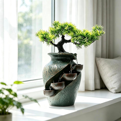 Mini Artificial Bonsai Tree Waterfall Fog Feature Rock Tabletop Fountain | 11in Desktop Decor Waterfall Fountain W/ Water Pump& Atomizer&LED Lights &Fake Tree Office Bedroom Relax