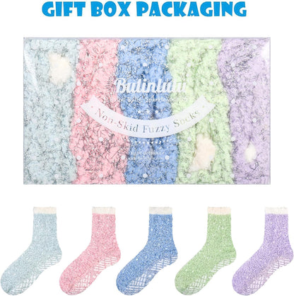 Bulinlulu Fuzzy Socks With Grips for Women, 5 Pairs Non Slip Sleep Warm Fluffy Slipper Socks Gifts for Women