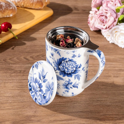 AmorArc Porcelain Tea Mug with Infuser and Lids, 18 Oz Large Cup Strainer with Bag Holder for Loose Leaf Tea, Steeping Coffee Mug for House-warming Wedding Birthday Gift