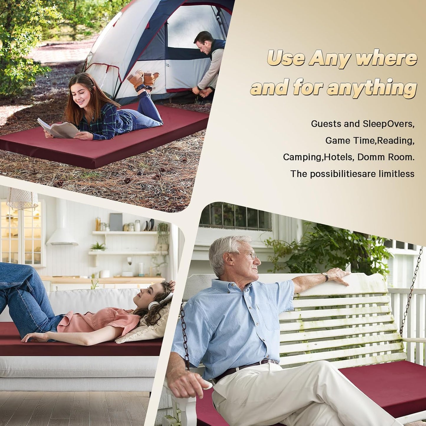 CYMULA Camping Cot Pad 2 Inch Memory Foam, Camping Pad for Folding Cot and Foldable Cot, Portable Roll Up Camp Gear for Car Camping Travel Tent, Non-Slip Waterproof Bottom, Removable Cover, Pad Only