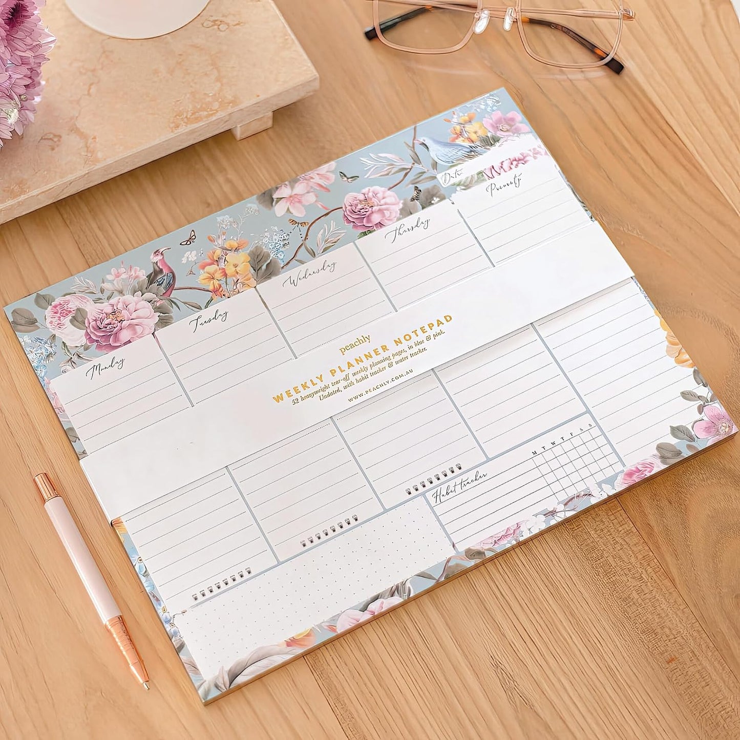 Peachly Desktop Weekly Planner Notepad | 60 Undated Tear-Off Pages | Schedule Daily To-Do Lists | Increase Your Productivity In Less Than 5 Minutes A Week | Achieve Your Goals | Peach and Mint Fern