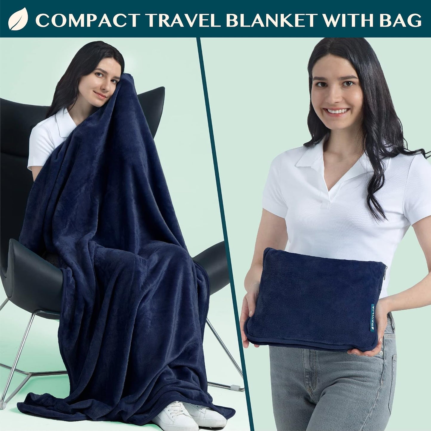 PAVILIA Travel Blanket Pillow, Soft Airplane Blanket 2-IN-1 Combo Set, Plane Blanket Compact Packable, Flight Essentials Car Pillow, Travelers Gifts Accessories Luggage Backpack Strap, 60x43 Teal Blue