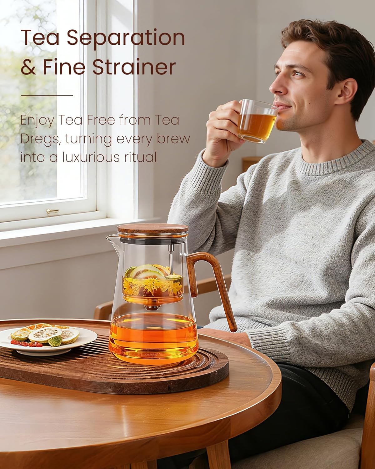ZENS Magnetic Tea Pot, Enchanted Glass Teapot with Infuser and Magnetic Suction Lid for Mess-Free Loose Tea Diffusers, Walnut Wood Handle, Tea Lovers Gifts