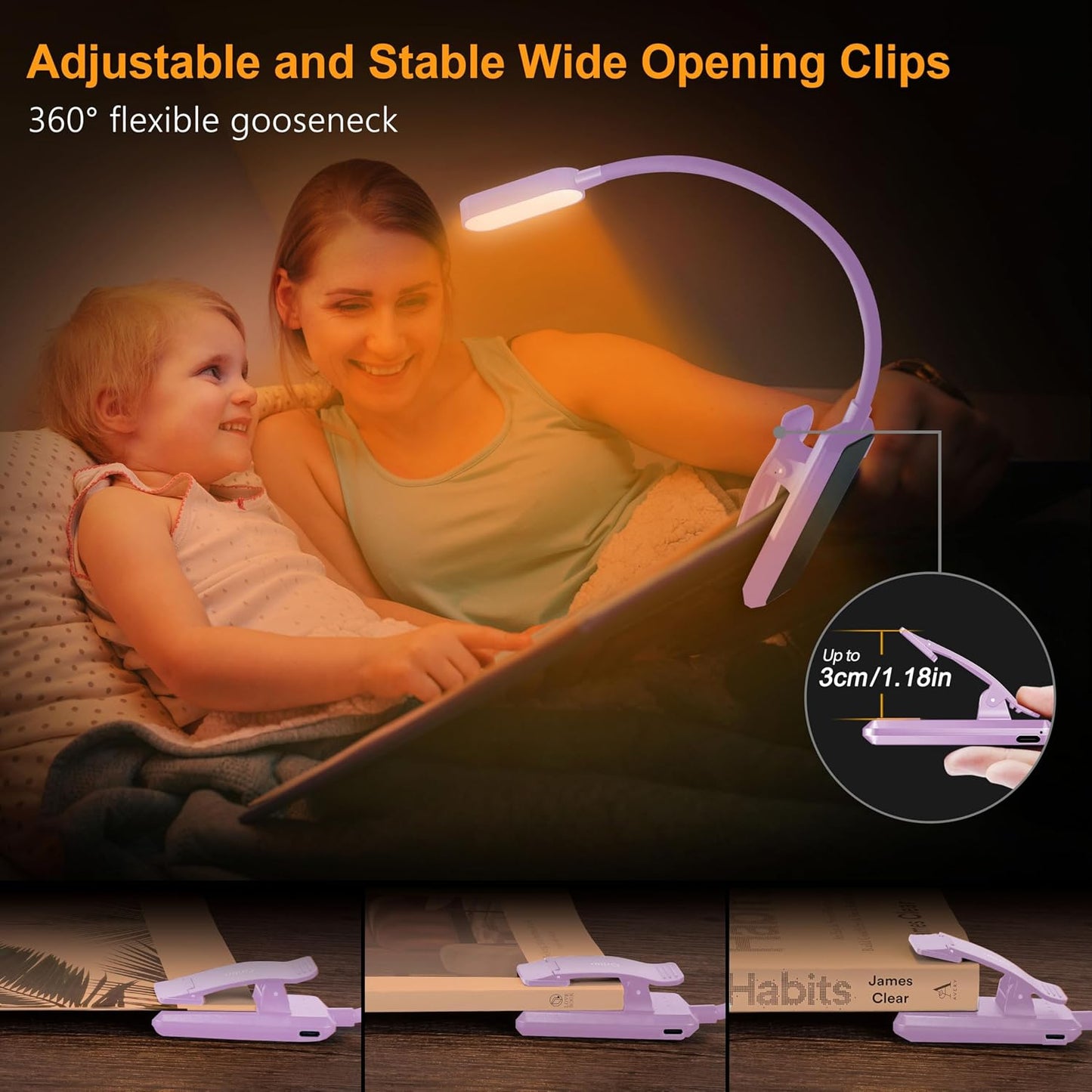 Gritin 16 LED Rechargeable Book Light for Reading in Bed- Eye Caring 3 Color Temperatures, Stepless Dimming Brightness, 80 Hrs Runtime, Lightweight Flexible Clip on Light for Book Lovers