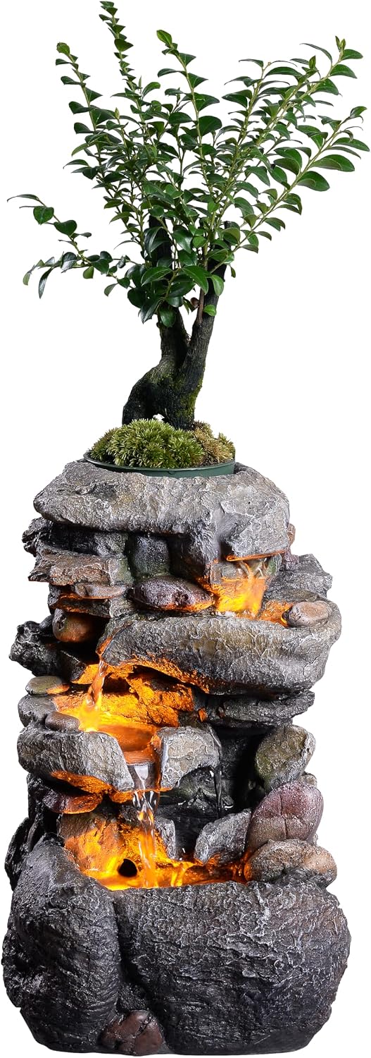 Tolevoit Tabletop Water Fountain with LED Lighting for Indoor Decor and Ambiance Relaxation Soothing Sound Waterfall Indoor Zen Relaxation for Office Home Decorations Growing Plants by Yourself
