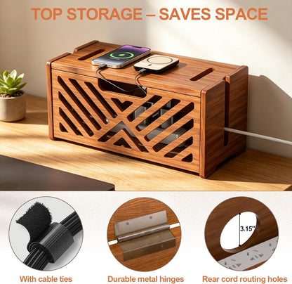 Extra Large Wooden Cable Management Box, 15.35 x 8.98 x 8.27 inches, Cord Hider Box with Cable Slots, Cable Organizer Box to Hide Power Strips, Surge Protector, Extension Cords for Desk & Floor