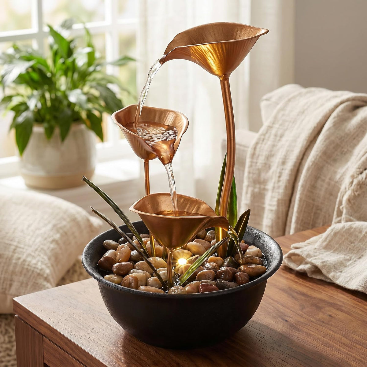 Tabletop Water Fountain Indoor, 10.6" Tiered Bowl Desktop Fountain with LED Light, Modern Zen Metal Waterfall Fountain for Office Desk, Home Office, Bedroom & Living Room Decor, Gold