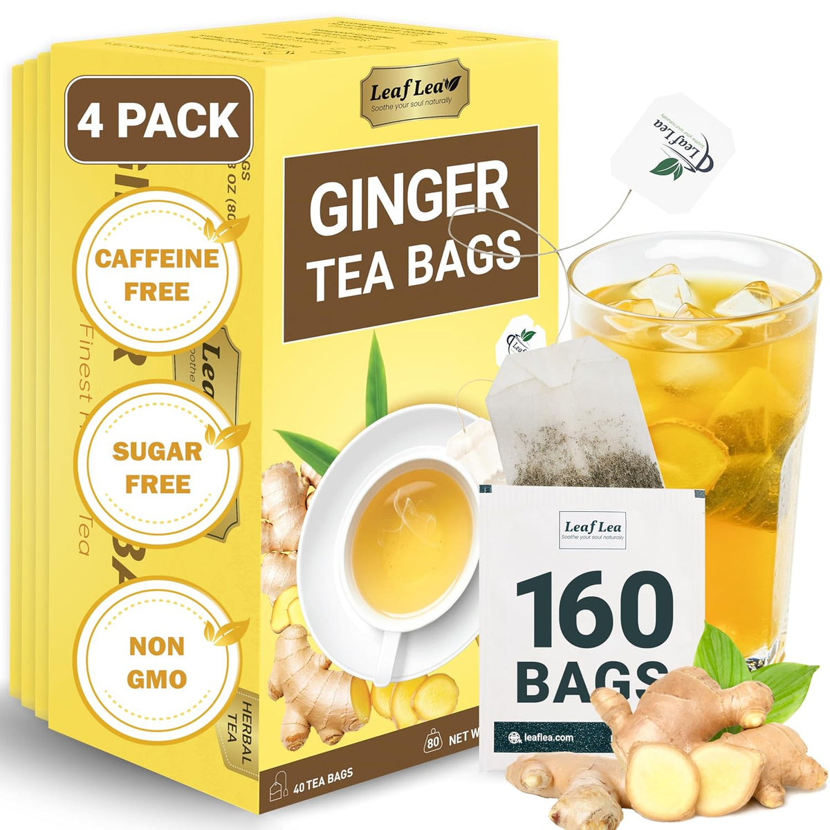 LeafLea Ginger Tea Bags, Strong Ginger Herbal Tea, 160 Count Bulk