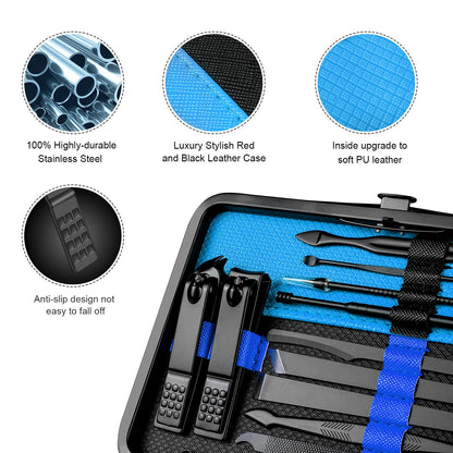 Professional Stainless Steel Nail Clipper Travel & Grooming Kit Nail Tools Manicure & Pedicure Set of 15pcs with Luxurious Case (Black/Yellow)