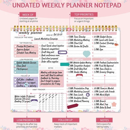 Weekly To Do List Notepad, 8.5''x11'' Weekly Desk Planner with 52 Tear Off Sheets Undated Weekly Planner Habit Tracker & Productivity Organizer for Home and Work, Pink