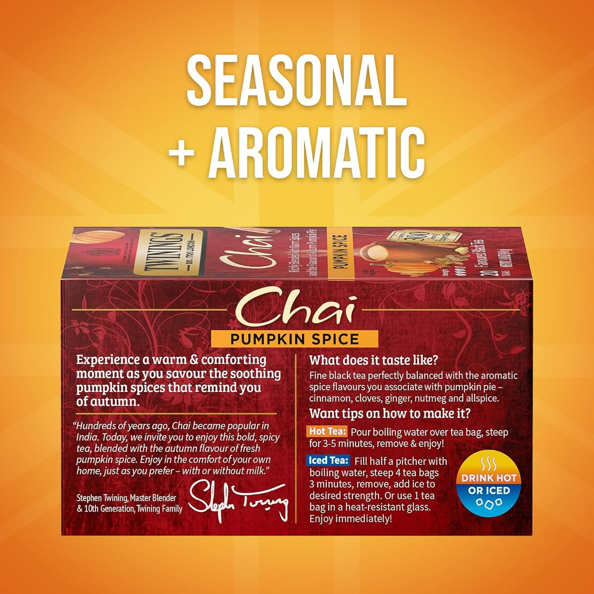Twinings Pumpkin Spice Chai Black Tea Individually Wrapped Bags, 20 Count (Pack of 6), Warm, Spicy & Aromatic, Caffeinated, Enjoy Hot or Iced, 120 Teabags