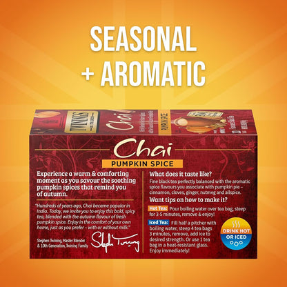 Twinings Pumpkin Spice Chai Black Tea Individually Wrapped Bags, 20 Count (Pack of 6), Warm, Spicy & Aromatic, Caffeinated, Enjoy Hot or Iced, 120 Teabags