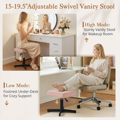 LUE BONA Adjustable Vanity Stool, Foot Rest Under Desk, 360° Swivel Vanity Chair for Makeup Room, Black Upholstered Faux Leather Ottoman for Bathroom & Living Room, 300lbs
