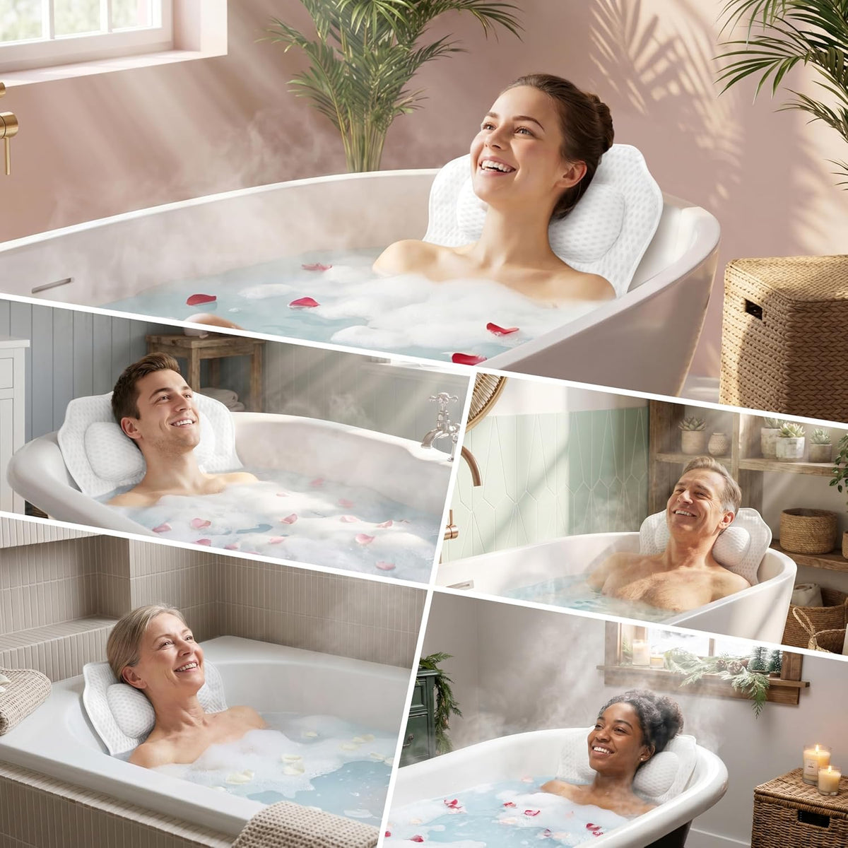 Bath Pillow for Tub, 4D Mesh Bathtub Pillow for Neck, Back & Head Support