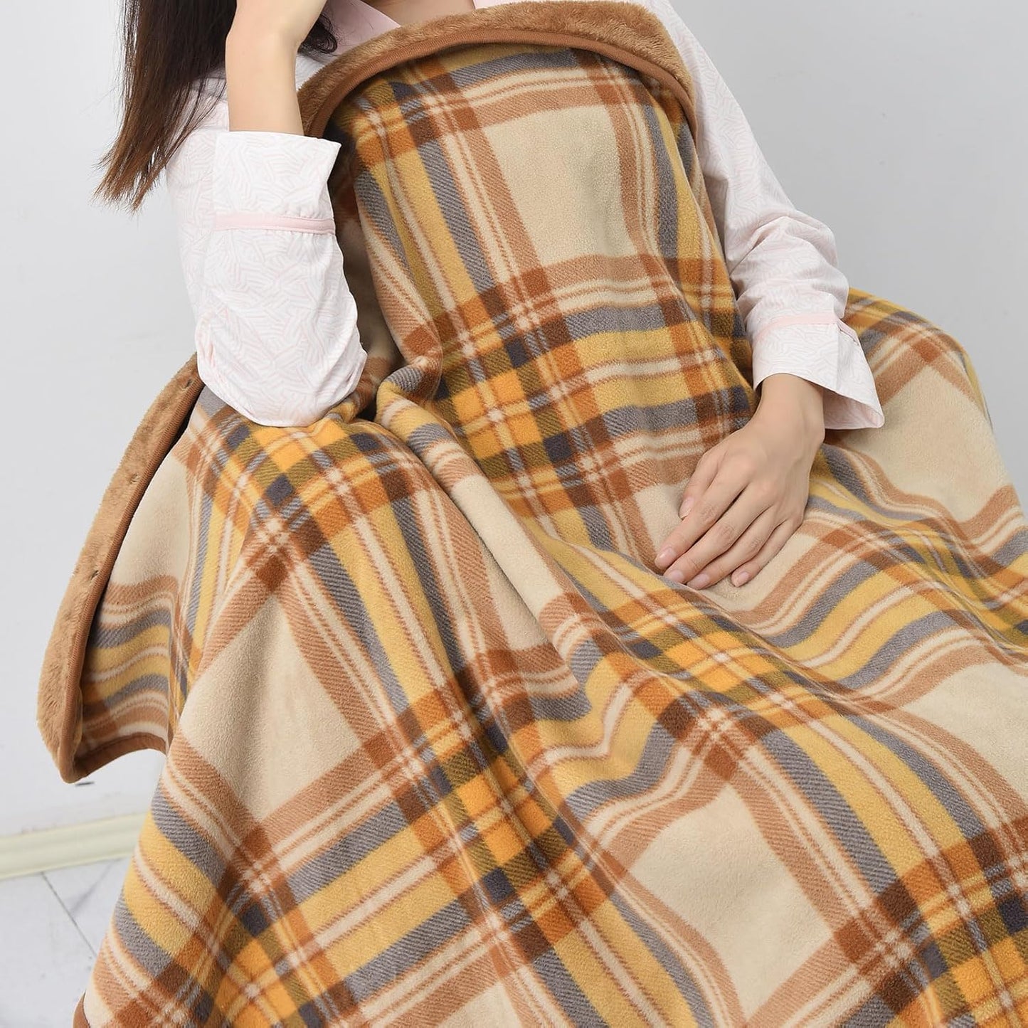 forestfish Fleece Wearable Blanket, Plaid Lap Blanket Comfy Poncho Throw with Buttons for Bed Sofa Office, Grey-White