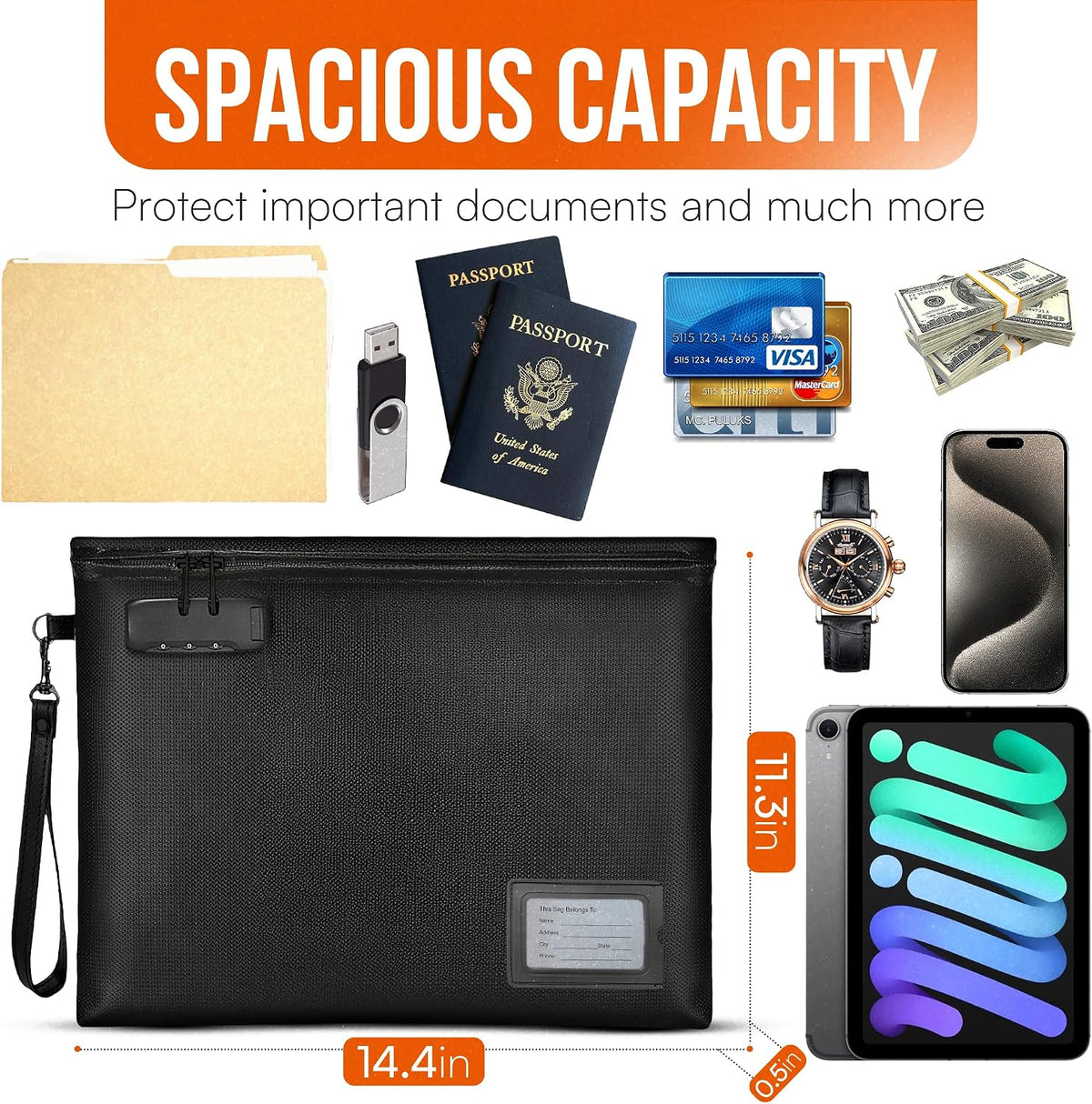 Premium Fireproof Document Bag With Lock Money Safe Bags Waterproof Zipper 6200 °F Fire Resistant Lockable Pouch Water Proof Small Portable Firesafe Organizer For Cash Phone Tablet USB Jewelry