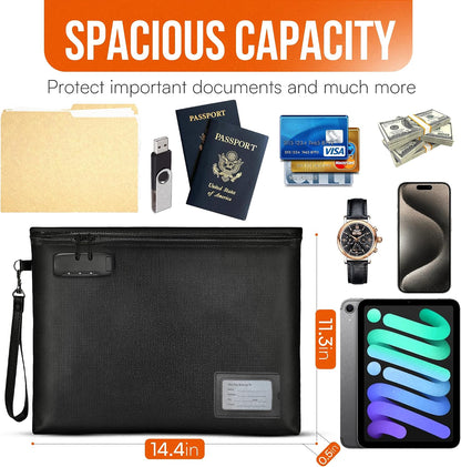 Premium Fireproof Document Bag With Lock Money Safe Bags Waterproof Zipper 6200 °F Fire Resistant Lockable Pouch Water Proof Small Portable Firesafe Organizer For Cash Phone Tablet USB Jewelry