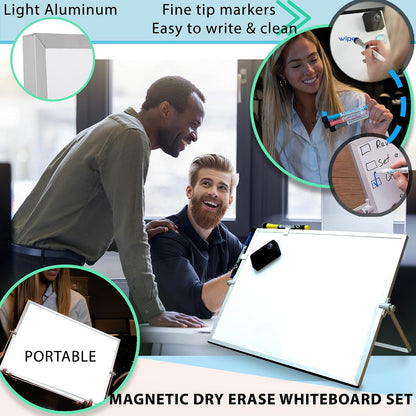 Dry Erase White Board for Desktop & Wall 12"x16" with 2 Magnetic Removable Planners - Weekly & Monthly to Do List Board with Stand, 6 Markers Eraser & Wall Hangers - Portable Double Sided Magnetic