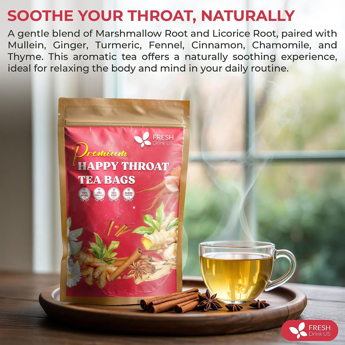 FreshDrinkUS, Premium Happy Throat Herbal Tea, 135 Count, Caffeine Free