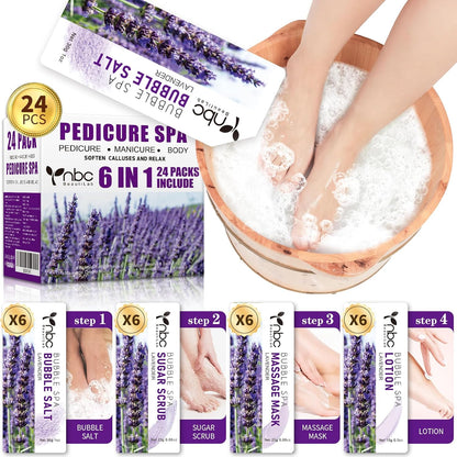Pedicure Kit Foot Soak Set: Bubble Salt, Sugar Scrub, Massage Mask, Massage Lotion in a Box, 4 Step Foot Spa Kit for Dry Feet, Softens Calluses, Tired Feet（3 Set Lavender) - Colors B