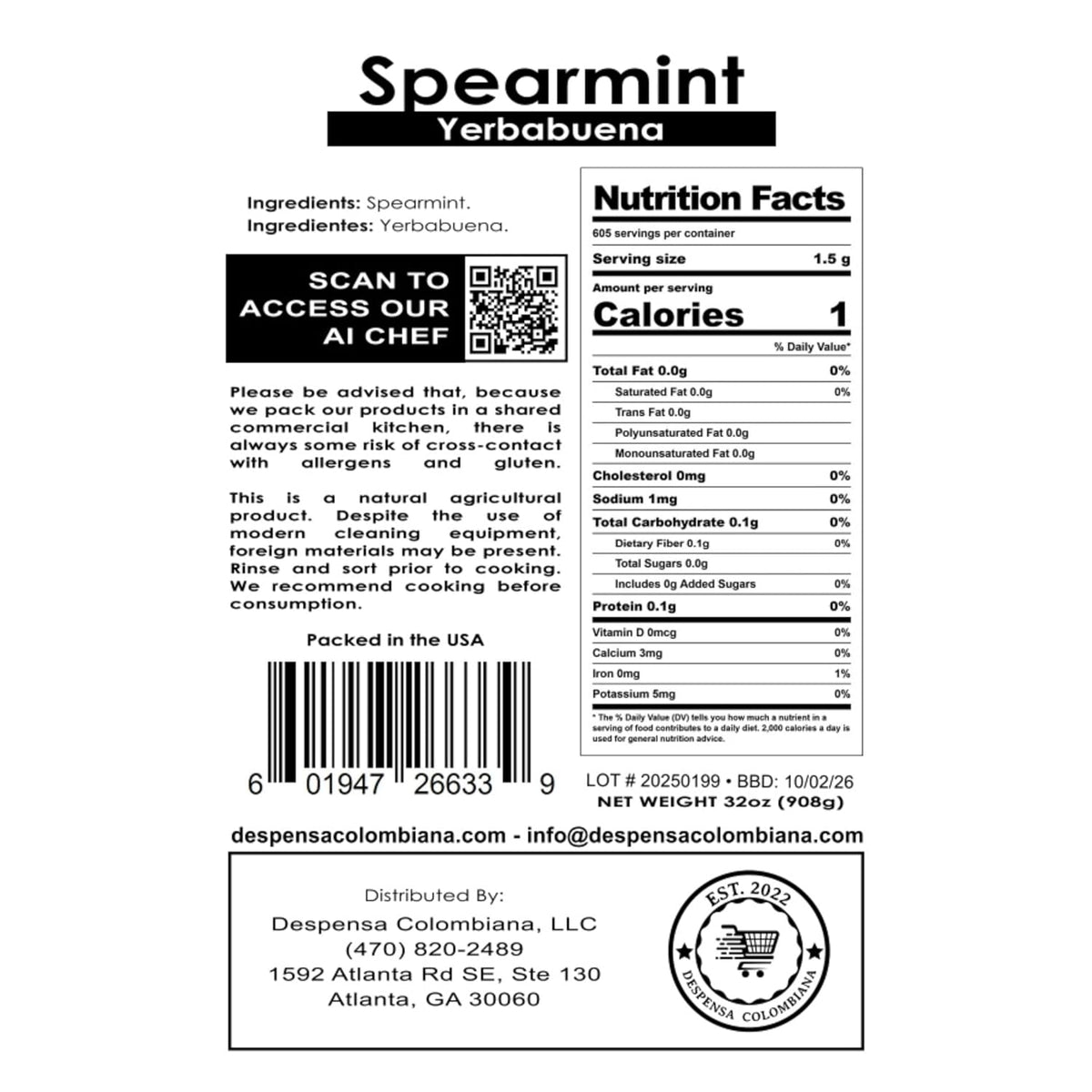 2lbs Spearmint Tea Loose Leaf Yerbabuena Bulk for Tea, Despensa Colombiana