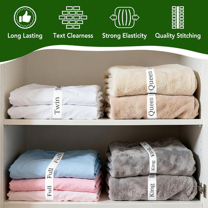 20 Pack Elastic Bed Sheet Organizer Bands with Size Labels，Elastic Bedding Band Labels for Organizing Bed Sheets with Assorted Sizes