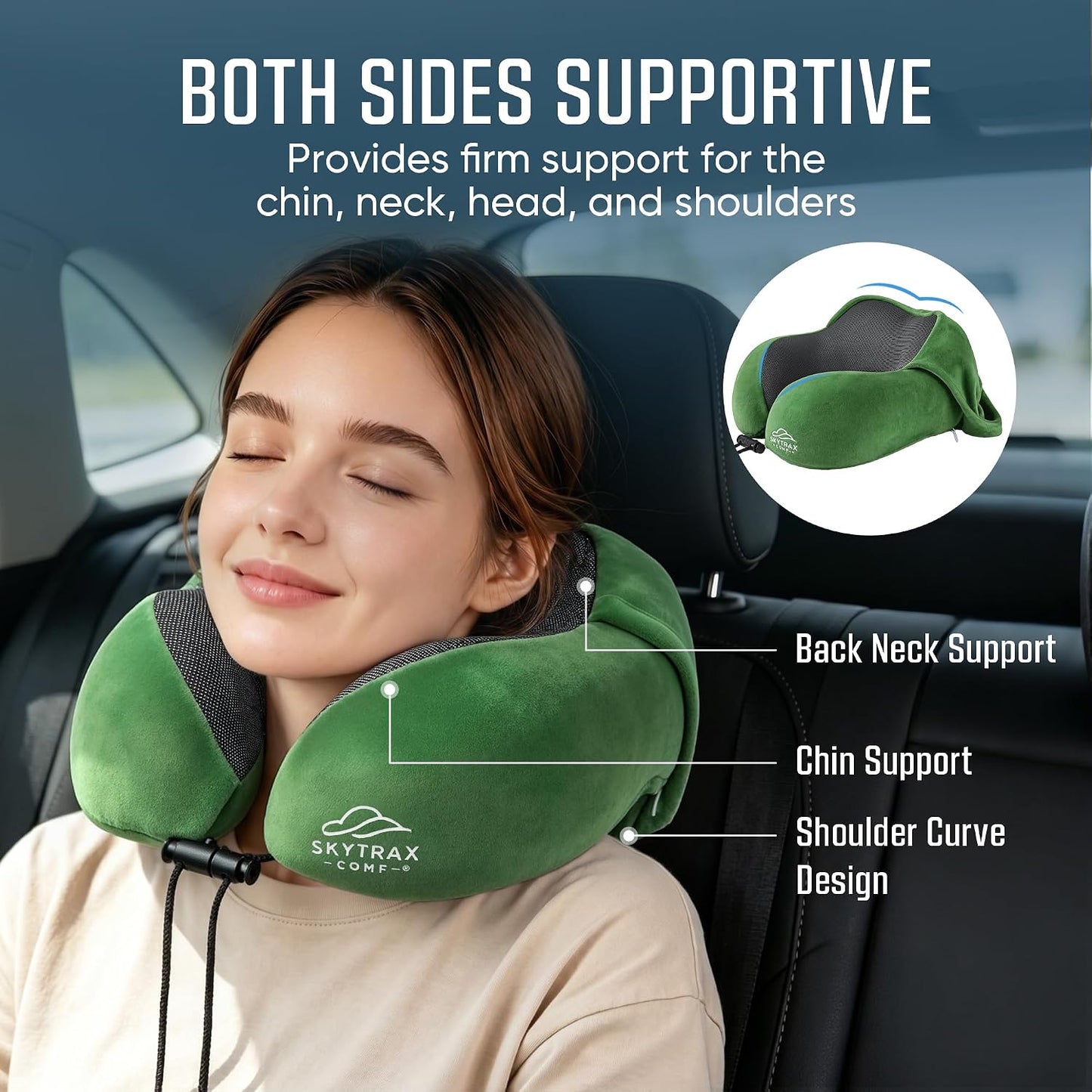 SkytraxComf® Travel Neck Pillow with Hood for Privacy on Long Flights | Memory Foam | Airplane Sleep | Safety-Tested Materials | Extra Large Hood | Chin Support | Earplugs | Washable Cover