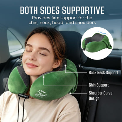 SkytraxComf® Travel Neck Pillow with Hood for Privacy on Long Flights | Memory Foam | Airplane Sleep | Safety-Tested Materials | Extra Large Hood | Chin Support | Earplugs | Washable Cover