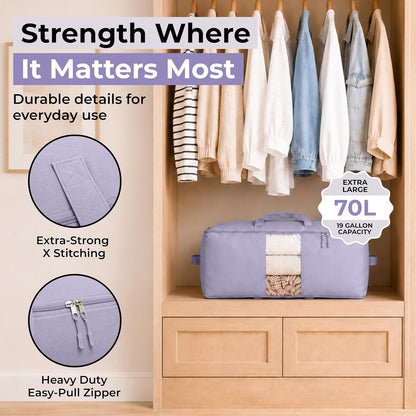 Soft Canvas Storage Bags with Zipper. Thick Breathable, 2pc King/Queen Comforter Organizer. Four Carrying Handles and Window. Large 25x19x9in Bag for Sheets Blankets Bedding Pillows, Clothes
