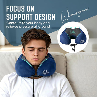 SkytraxComf® Travel Neck Pillow with Hood for Privacy on Long Flights | Memory Foam | Airplane Sleep | Safety-Tested Materials | Extra Large Hood | Chin Support | Earplugs | Washable Cover