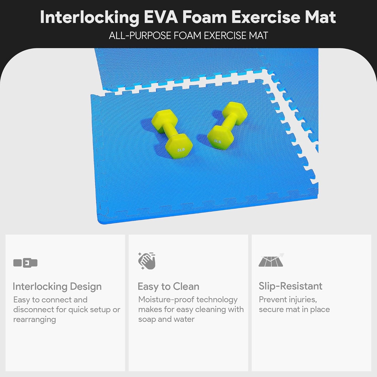 BalanceFrom Puzzle Exercise Mat 1/2" Thick, EVA Interlocking Foam Floor | Tiles for Home Gym, Mat for Home Workout Equipment, Floor Padding for Kids, Black, 24 in x 24 in x 1/2 in, 144 Sq Ft-36 Tiles