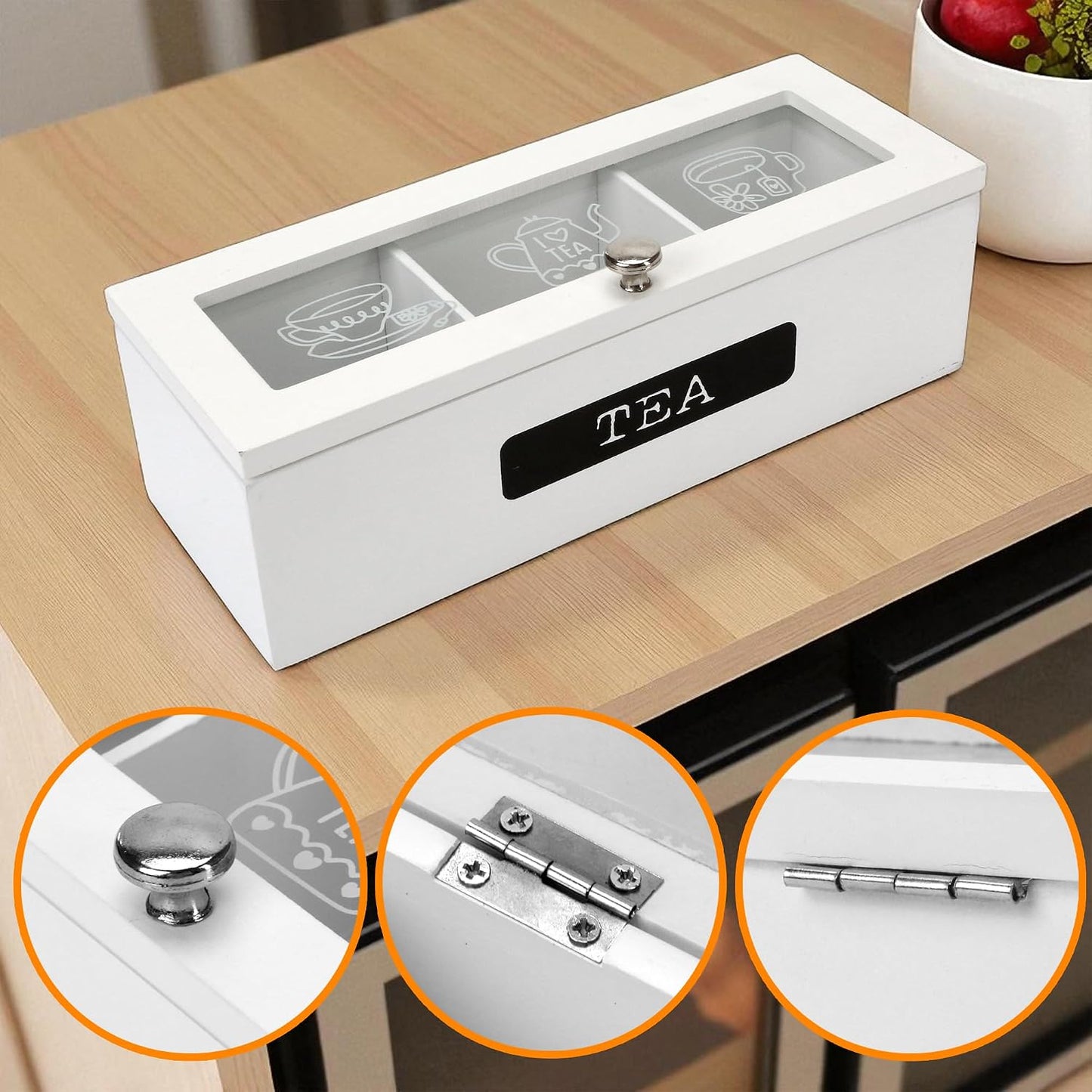 Small Tea Box Wood Tea Bag Organizer Holder White 3 Compartment Slots Box for Storage and Display Slim Caddy Bags with Wooden Divided Chest Mini Countertop Sugar Packet Container Small Space Antique