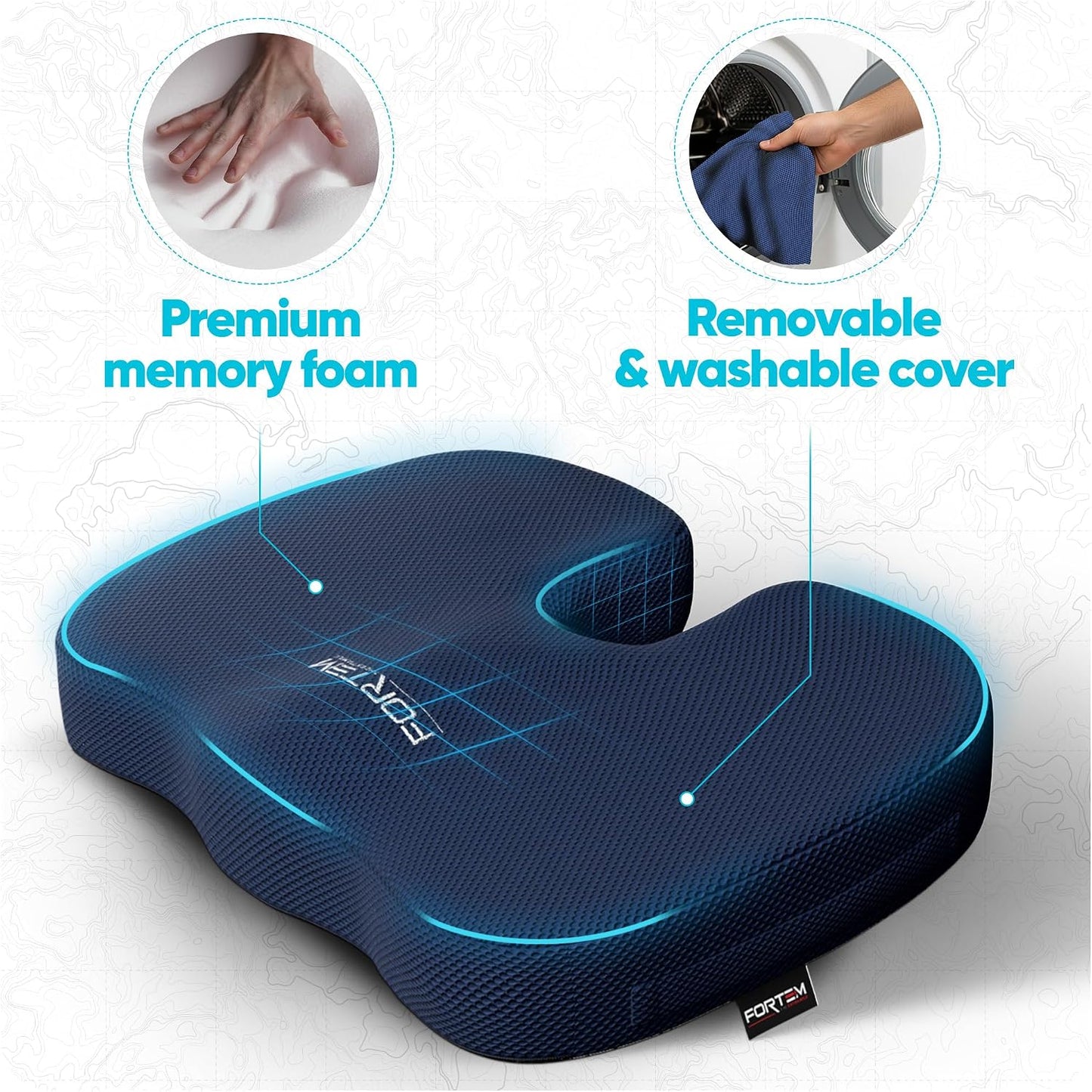 FORTEM Seat Cushion, Office Chair Cushion, Memory Foam Car Seat Cushions, Sciatica Coccyx Tailbone Pain Relief, Chair Cushions for Back Support, Sitting Pad for Gaming, Washable Cover, Non Slip