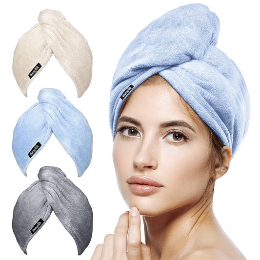 POPCHOSE Microfiber Hair Towel Wrap, 3 Pack Fast Drying Hair Turban, Stocking Stuffers for Women, Soft Ultra Absorbent, No Frizz Hair Wrap Towels for Women Wet Hair, Curly, Longer, Thicker Hair