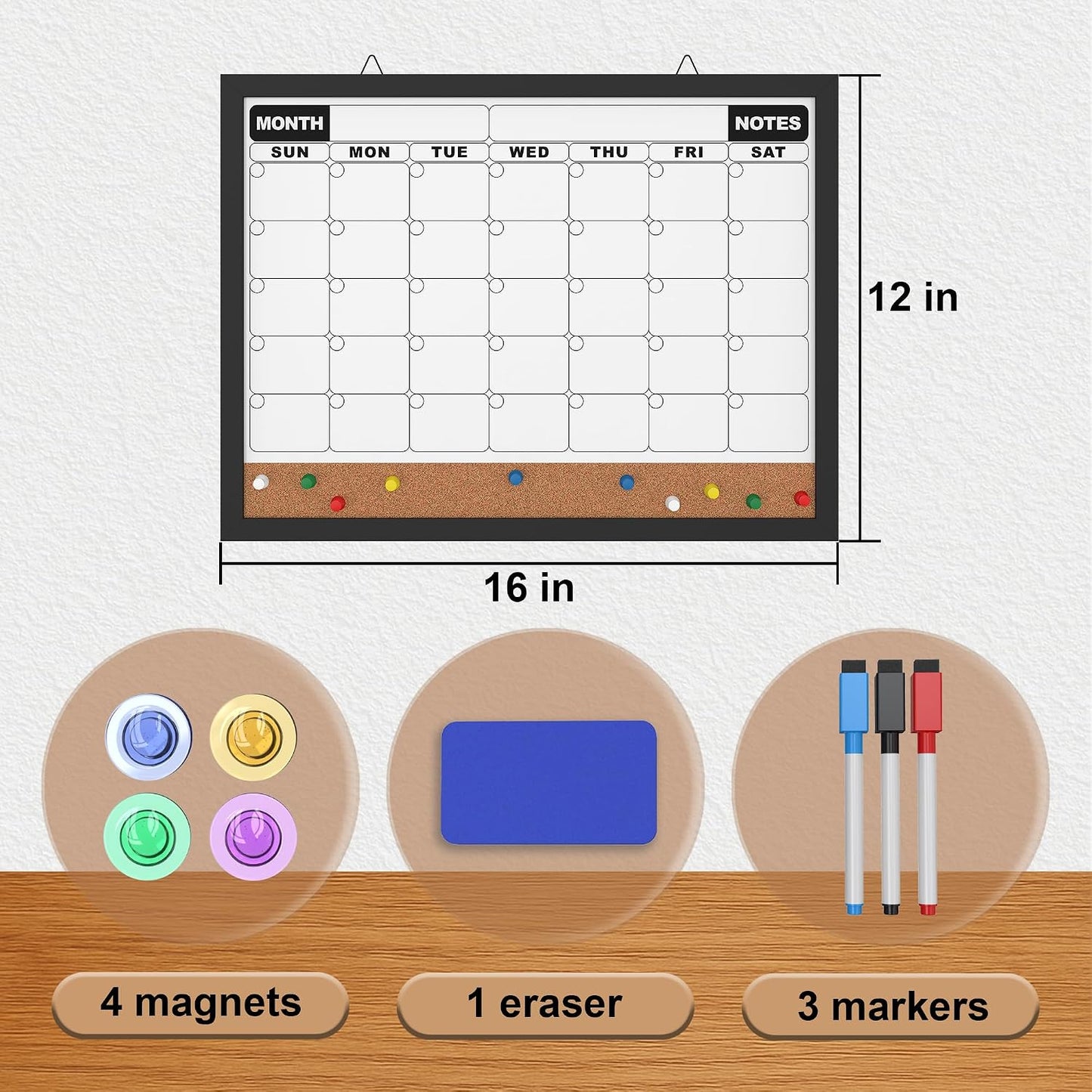 Monthly Calendar Dry Erase Board 16x12 Inch, Double-Sided Whiteboard and Corkboard Combo, Wall Mounted Planner Organizer with Markers, Magnets, Push Pins, Eraser, for Home Office School