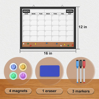 Monthly Calendar Dry Erase Board 16x12 Inch, Double-Sided Whiteboard and Corkboard Combo, Wall Mounted Planner Organizer with Markers, Magnets, Push Pins, Eraser, for Home Office School