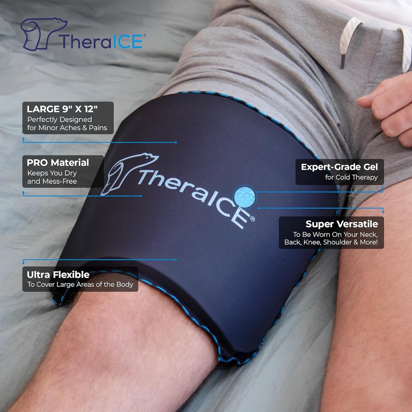 TheraICE PROpack Ice Pack for Injuries, Reusable Soft Multipurpose Cold Gel Ice Pack for Muscular Back Pain, Shoulder, Hip, Knee - Flexible Cold Compress Wrap for Minor Aches & Pains - 5 x 8
