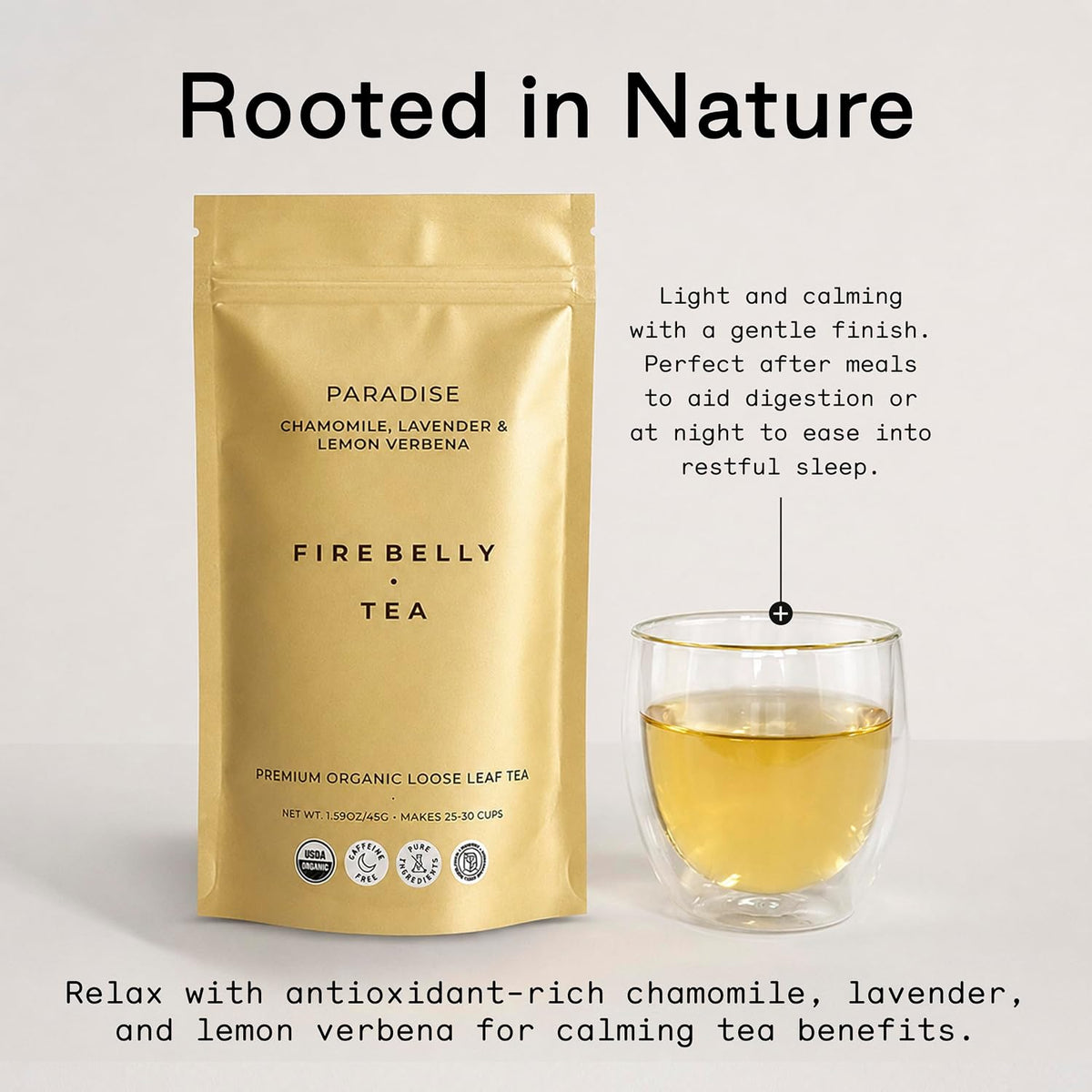 Firebelly Tea Paradise, Organic Chamomile, Lemon Verbena & Lavender Tea, Loose Leaf Herbal Blend, Caffeine Free, Relaxing Calming Tea for Evening & Sleep Support, 1.59oz