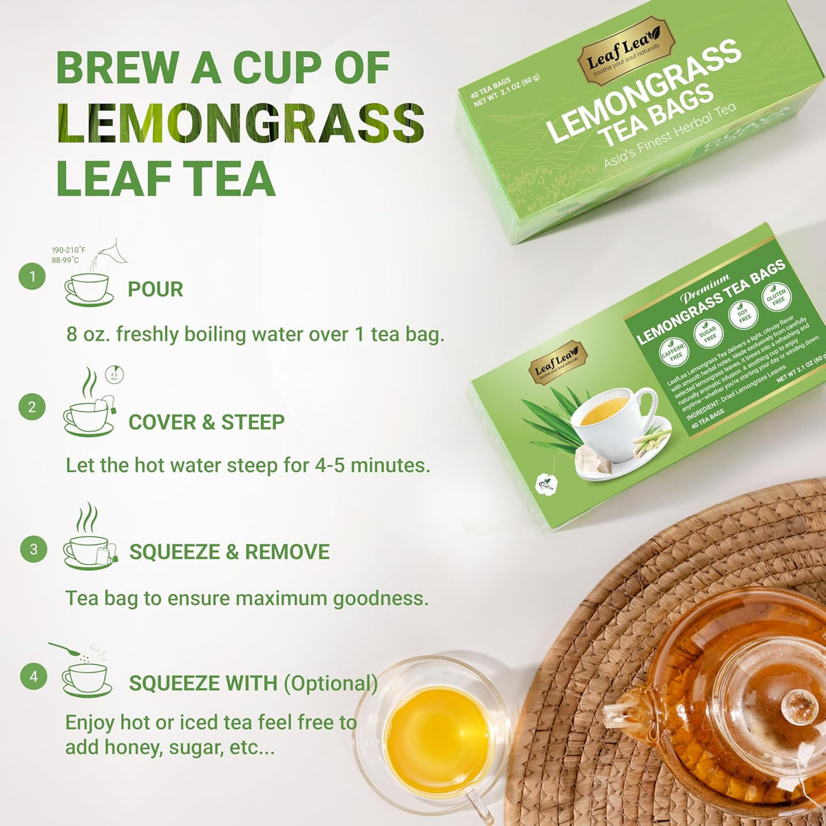LeafLea Premium Lemongrass Herbal Tea Bags, Digestion Support, 80 Count