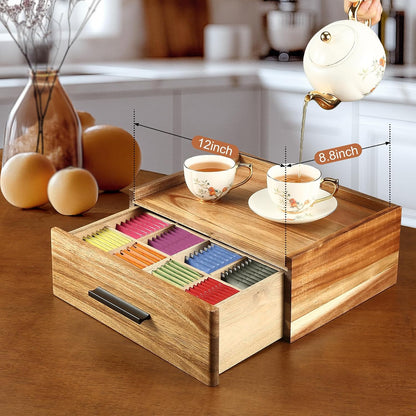 Acacia Wood Tea Bag Organizer with Drawer - 12-Compartment Tea Storage Box