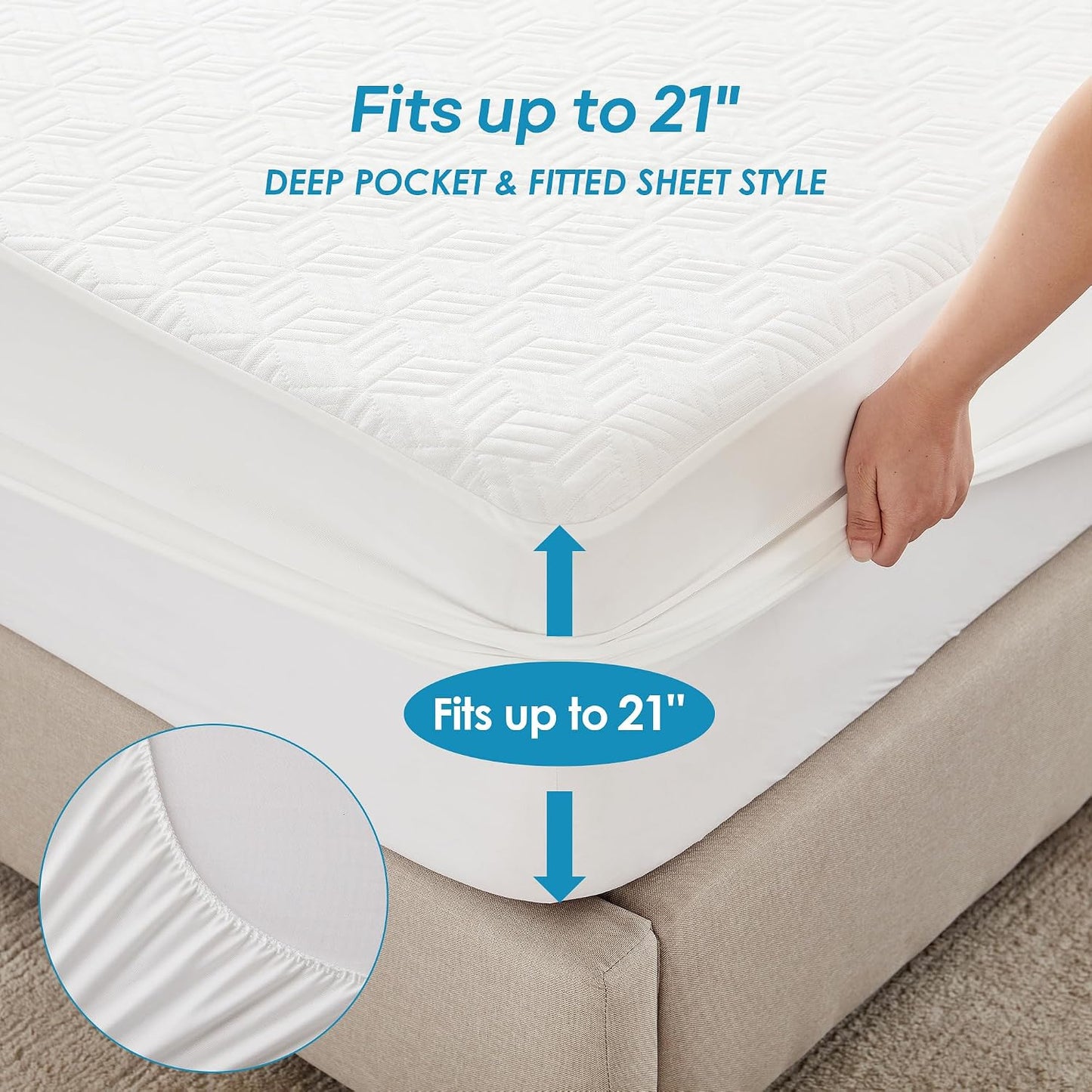 Cozymaker Queen Size 100% Waterproof Mattress Protector, Cooling Mattress Cover Fitted 8-21" Deep Pocket, 3D Air Fabric Soft Breathable Bed Mattress Pad Cover Noiseless Washable