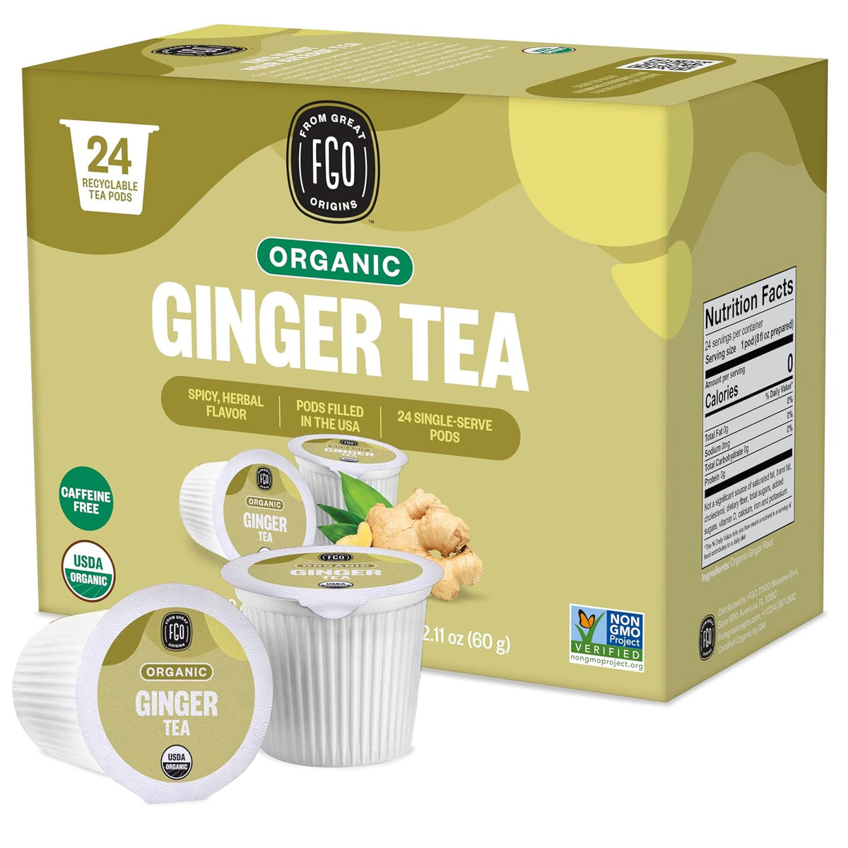 Organic Ginger Tea K-Cup Pods, 24 Pods by FGO - Compatible with Keurig - Naturally Caffeine-Free Herbal Tea, USDA Organic, Non-GMO, & Recyclable