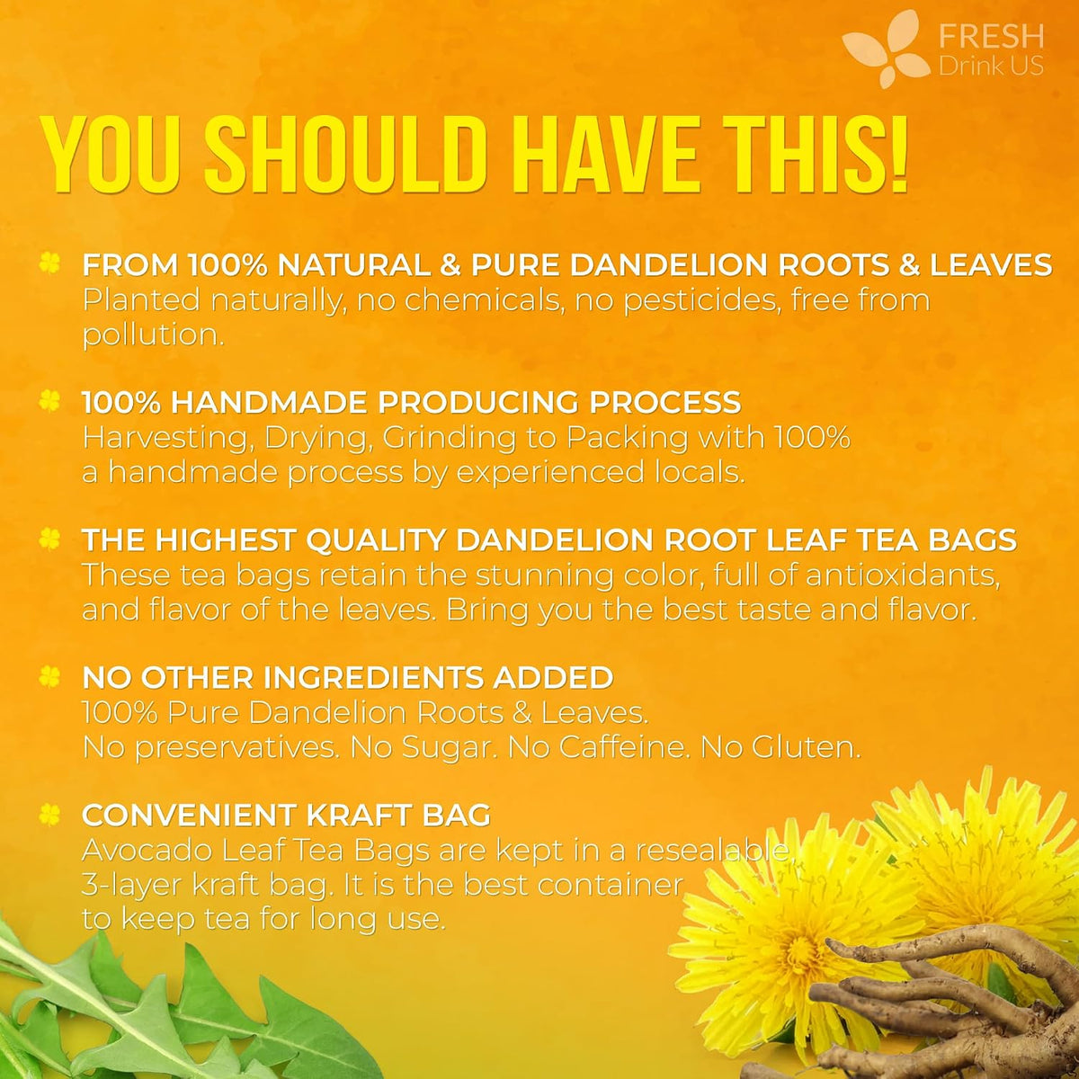 FreshDrinkUS, Premium Dandelion Leaves and Roots, 135 Count, Caffeine Free