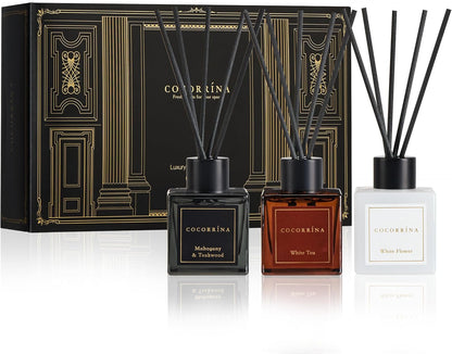 COCORRÍNA Hotel Collection Reed Diffuser Set, 3.04 fl oz Trio, Mahogany Teakwood, White Flower & White Tea, Home Fragrance for Bathroom, Bedroom, Entryway & Office