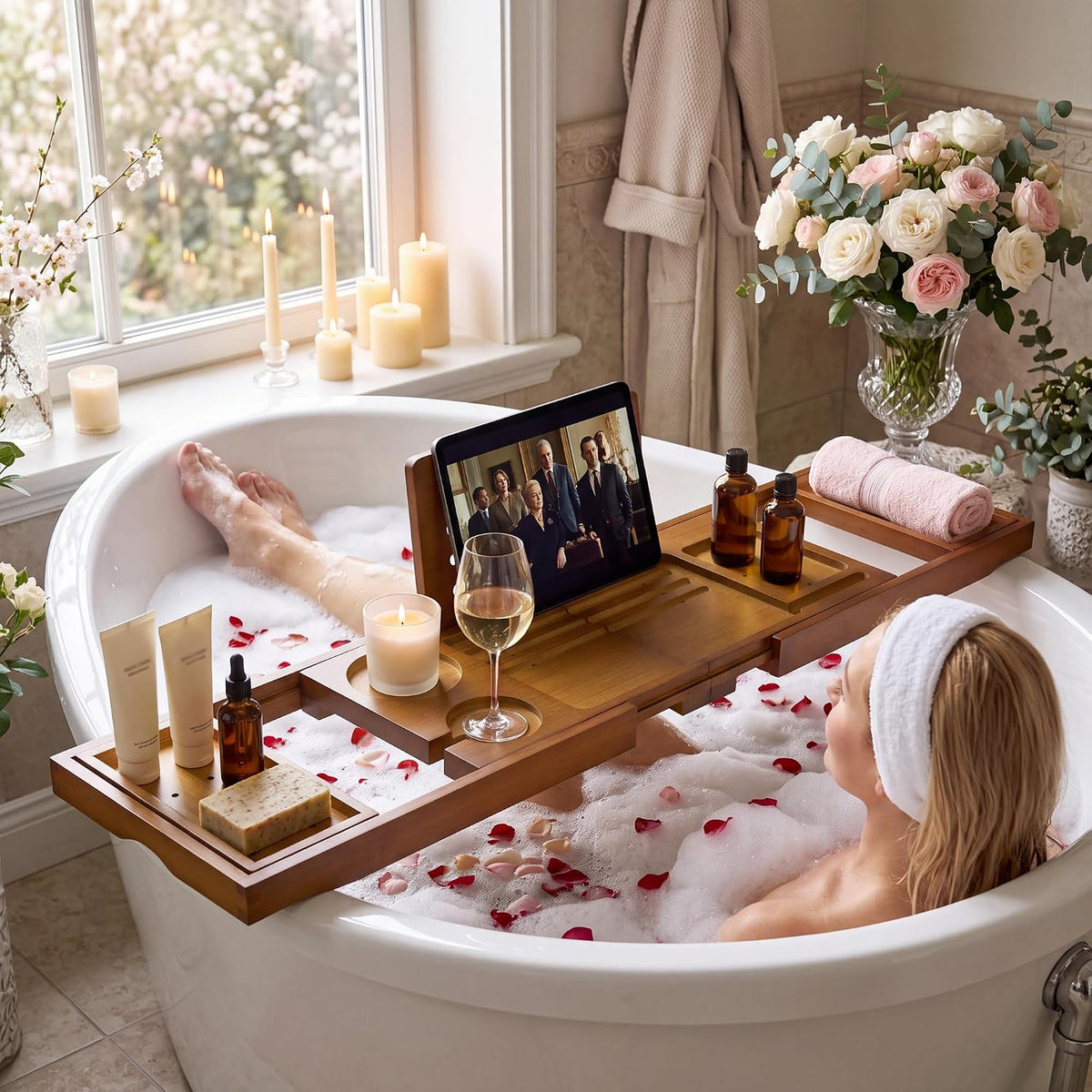 Teak Bathtub Tray - Luxury Bath Tray with Expandable Handles, Wine Glass and Phone Holders, Book Stand - Perfect for Home Spa Relaxation and Reading - Natural Bath Accessories - Dark Walnut Color